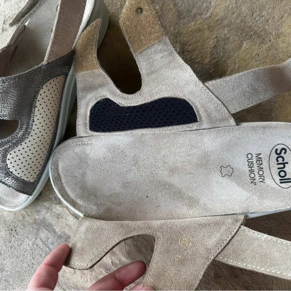 Scholl Comfort Sandals With Velcro Straps Beige Wedge Removable Insole Size 38